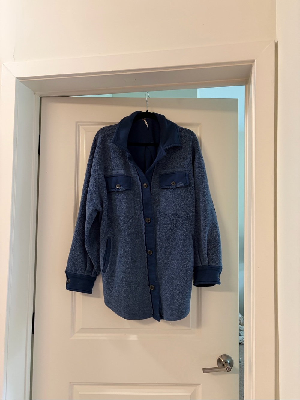Free People Navy Blue Teddy Shacket with Button Front